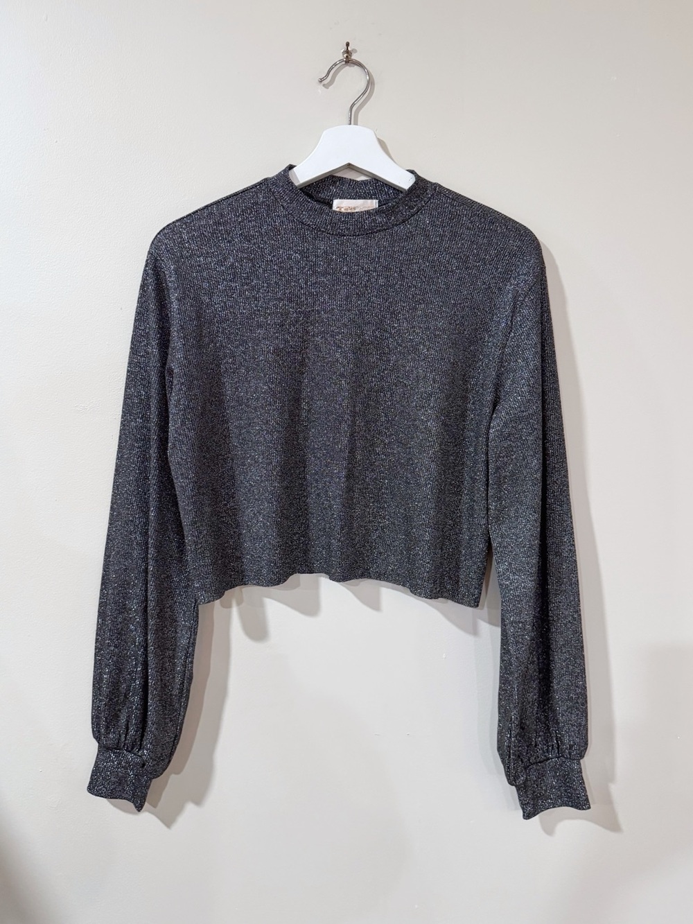 Beach Riot Women S Black Silver Metallic Shimmer Cropped Pullover Top Y2K Glam